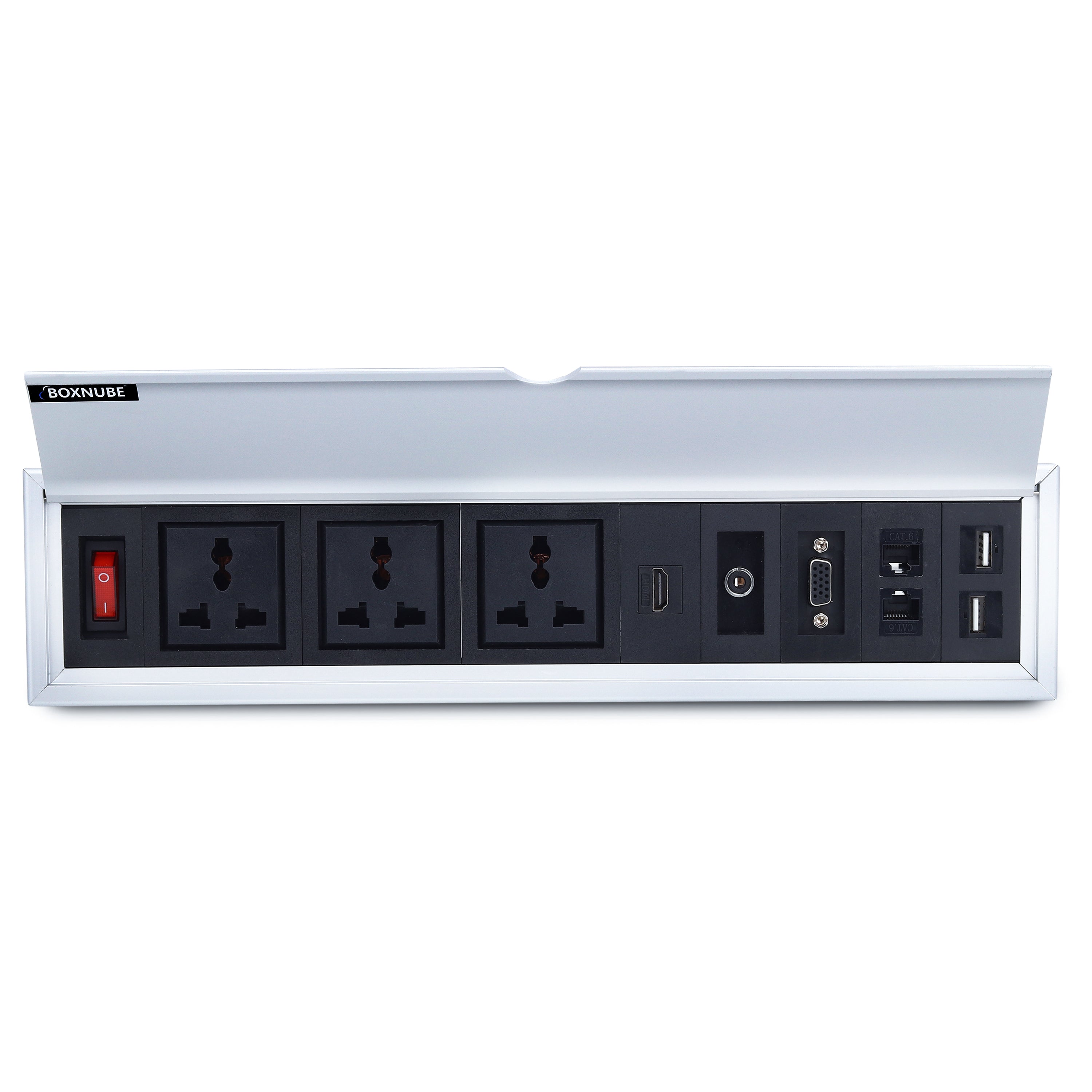 BOXNUBE Fliptop Box Cable Cubby Extension Board with On/Off Switch, Universal Power Sockets, LAN , HDMI , VGA , Aux , USB-A Ports BOXNUBE Fliptop Box Cable Cubby Extension Board with On/Off Switch, Universal Power Sockets, LAN , HDMI , VGA , Aux , USB-A Ports